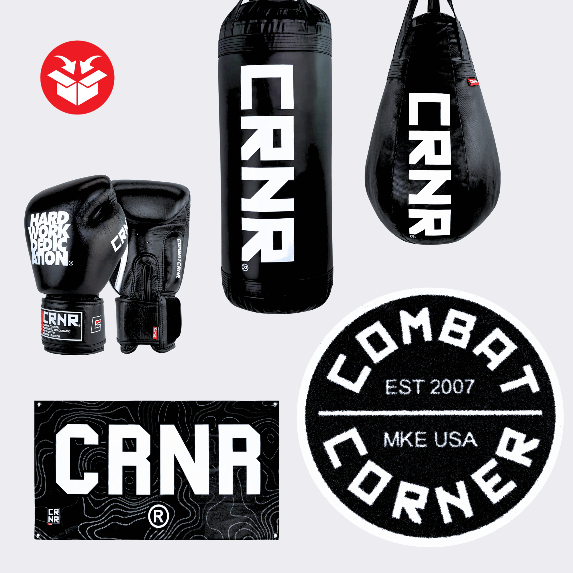 Photo example of the Combat Corner HWD Advanced Home Gym Bundle featuring HWD Boxing Gloves, CRNR Punching Bag, a CRNR banner, and a round Combat Corner area rug. 
