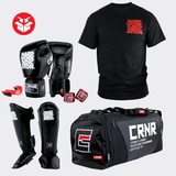 Photo example of the Combat Corner HWD Advanced Travel Bundle featuring HWD Boxing Gloves, HWD Shin Guards, HWD Ancient T-Shirt, KRBON Pro Series Mouthguard, and Pinnacle Handwraps. 