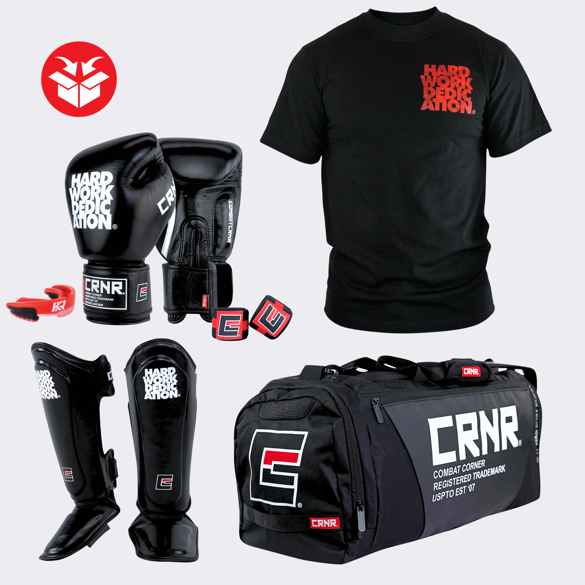 Photo example of the Combat Corner HWD Advanced Travel Bundle featuring HWD Boxing Gloves, HWD Shin Guards, HWD Ancient T-Shirt, KRBON Pro Series Mouthguard, and Pinnacle Handwraps. 