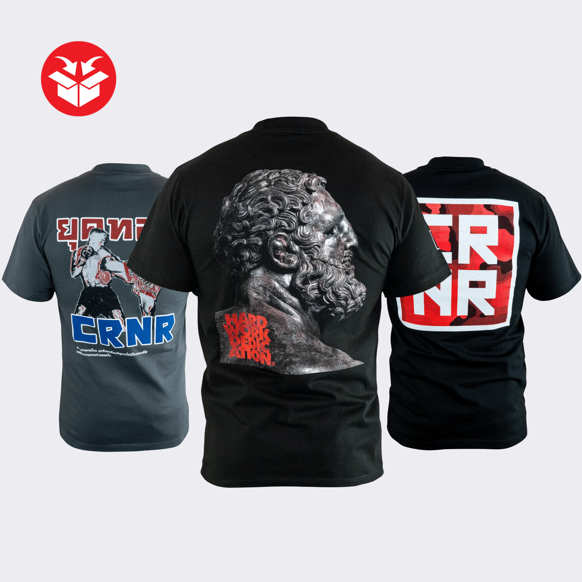 Photo example of the Combat Corner HWD Ancient 3-Pack T-Shirts Bundle featuring the deluxe HWD Ancient T-Shirt, the CRNR Cinder Topo T-Shirt, the CRNR Golden Era T-Shirt, and more. 