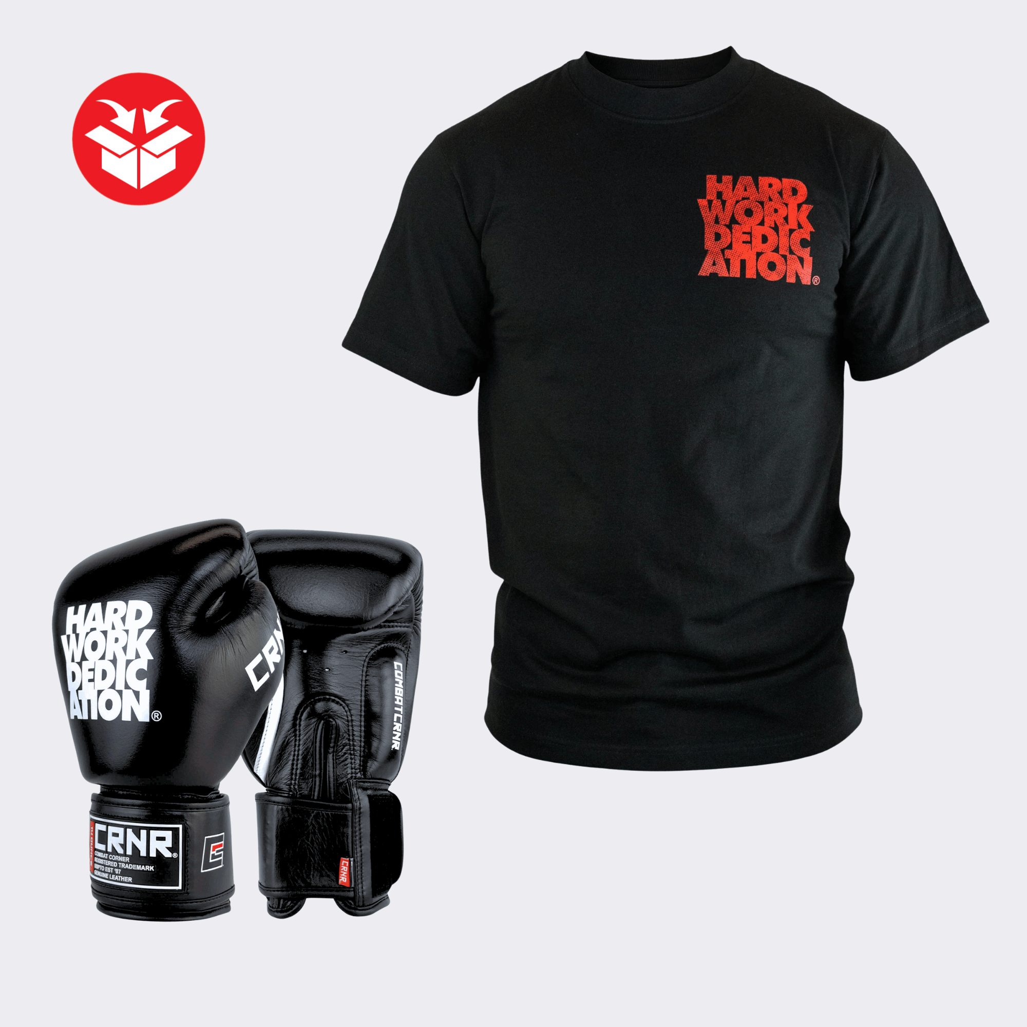Photo example of the Combat Corner HWD Ancient Bundle featuring HWD Boxing Gloves and deluxe HWD Ancient T-Shirt.