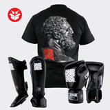 Photo example of the Combat Corner HWD Deluxe Ancient Bundle featuring HWD Boxing Gloves, HWD Shin Guards, and deluxe HWD Ancient T-Shirt.