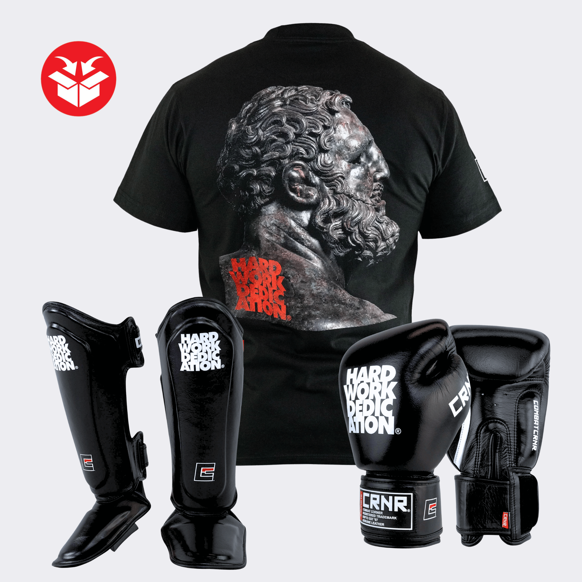 Photo example of the Combat Corner HWD Deluxe Ancient Bundle featuring HWD Boxing Gloves, HWD Shin Guards, and deluxe HWD Ancient T-Shirt.