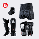 Photo example of the Combat Corner HWD Fight Kit Bundle featuring elite Muay Thai gear such as HWD Boxing Gloves, HWD Shin Guards, CRNR Muay Thai Shorts, and Muay Thai Elbow Pads.