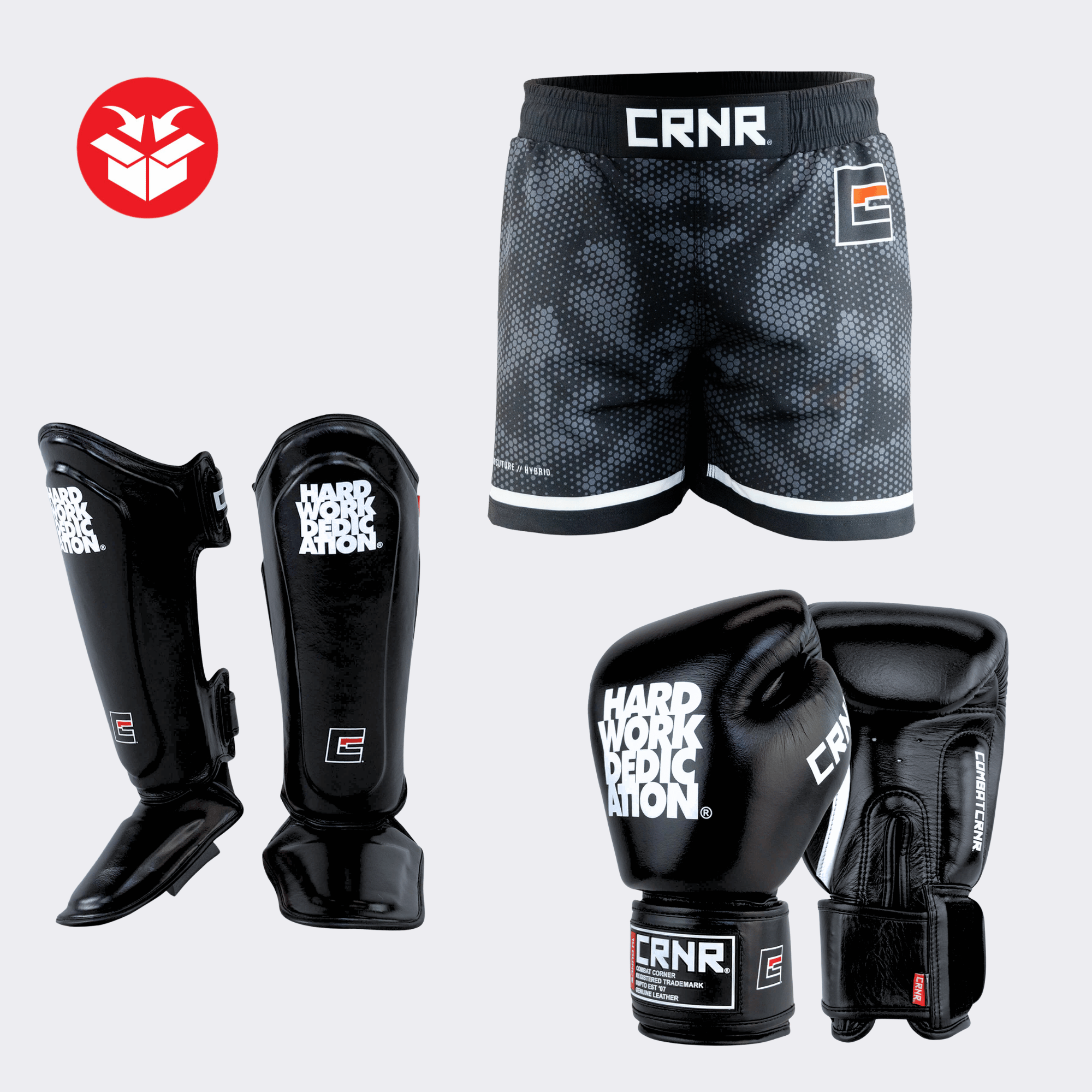 Photo example of the Combat Corner HWD Iso Bundle featuring HWD Boxing Gloves, HWD Shin Guards, and deluxe IsoSuture Fight Shorts.