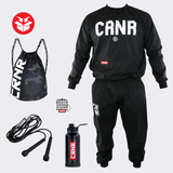 Photo example of the Combat Corner HWD Roadwork Bundle featuring the Fight Camp Sauna Suit, Stainless Steel Water Bottle, Drawstring Travel Bag, Speed Jump Rope, and HWD Keychain. 