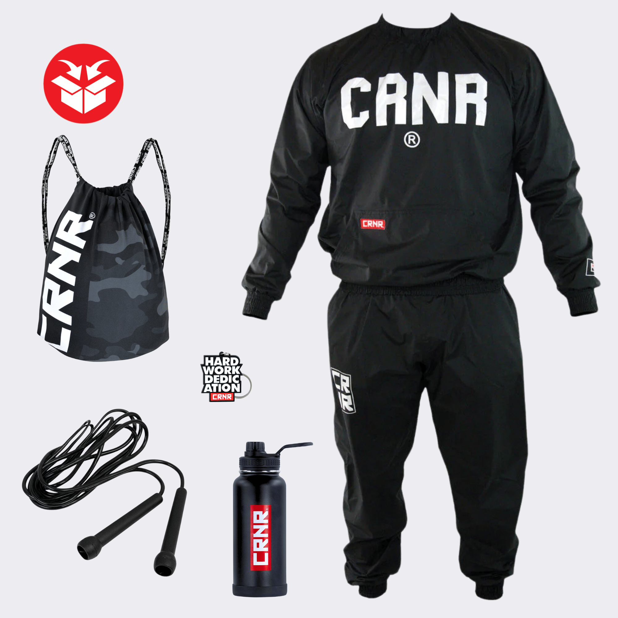 Photo example of the Combat Corner HWD Roadwork Bundle featuring the Fight Camp Sauna Suit, Stainless Steel Water Bottle, Drawstring Travel Bag, Speed Jump Rope, and HWD Keychain. 
