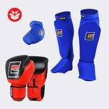 An example product photo of Combat Corner's Muay Thai Fight Kit Bundle featuring Combat Corner’s Muay Thai Elbow Pads, Slip on Elastic Shin Pads, and Competition Velcro Boxing Gloves.