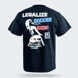 Back view of the Combat Corner Legalize Soccer Kicks T-Shirt which features a screen printed graphic of a close-up of two fighters, the words "legalize soccer kicks," Japanese text, and the CRNR logo.
