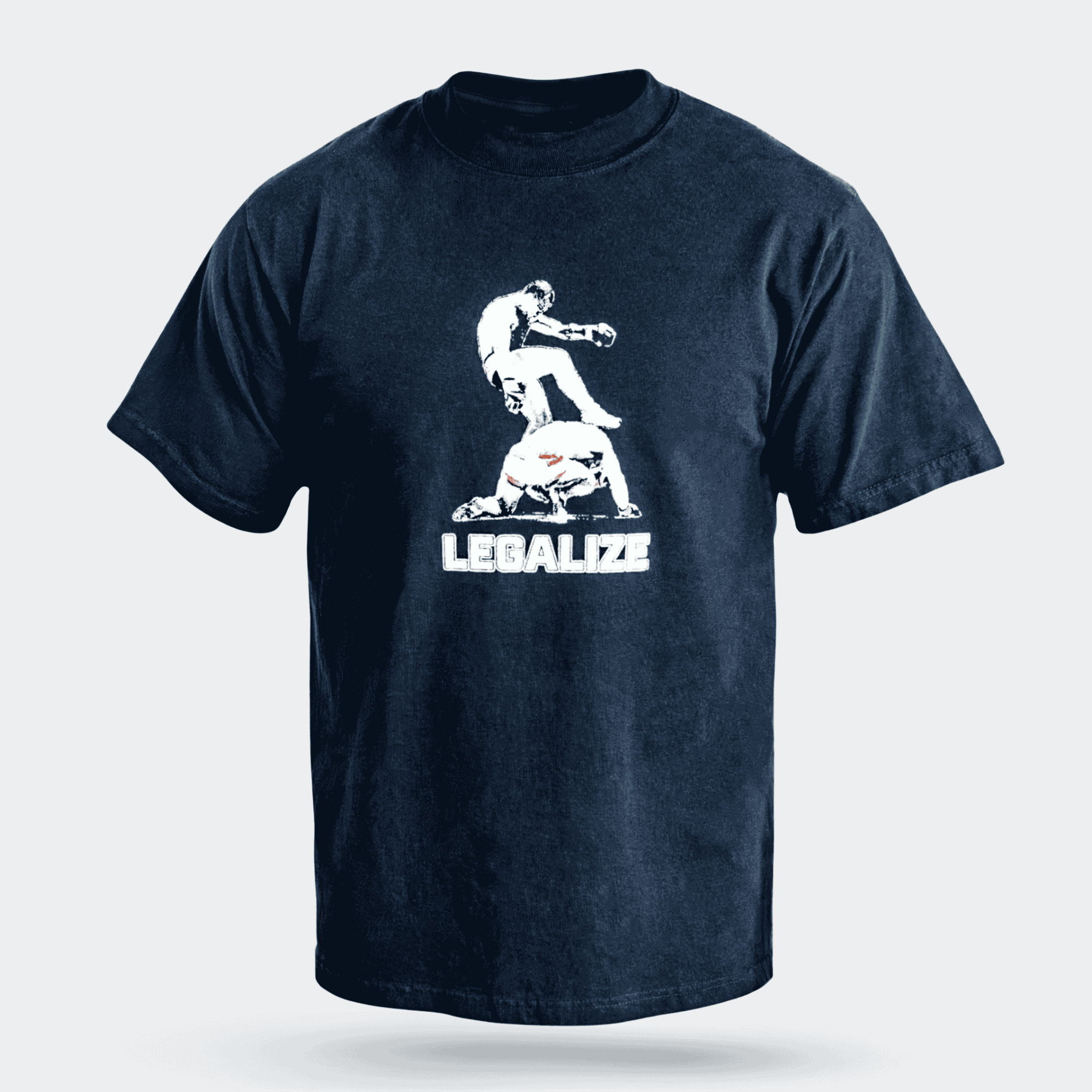 Front view of the black Combat Corner Legalize Soccer Kicks T-Shirt which features a screen printed graphic of two fighters and the word "legalize."