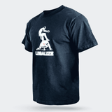 Front left angle view of the black Combat Corner Legalize Soccer Kicks T-Shirt which features a screen printed graphic of two fighters and the word "legalize."