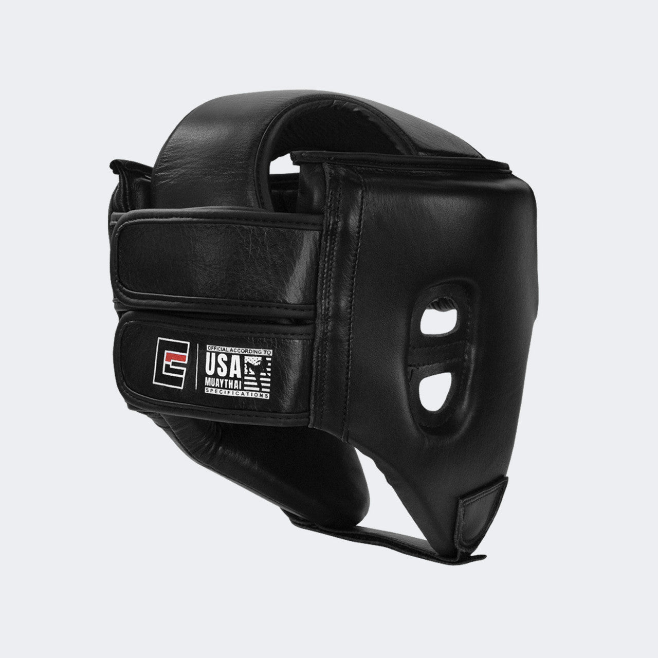 A product photo of the Combat Corner's black Competition Headgear. The photo shows the back right angle of Combat Corner's Competition Headgear. This competition headgear works for Muay Thai Headgear, USMF Headgear, IFMA Headgear, USA Muay Thai Headgear, Boxing Headgear, and Kickboxing headgear.