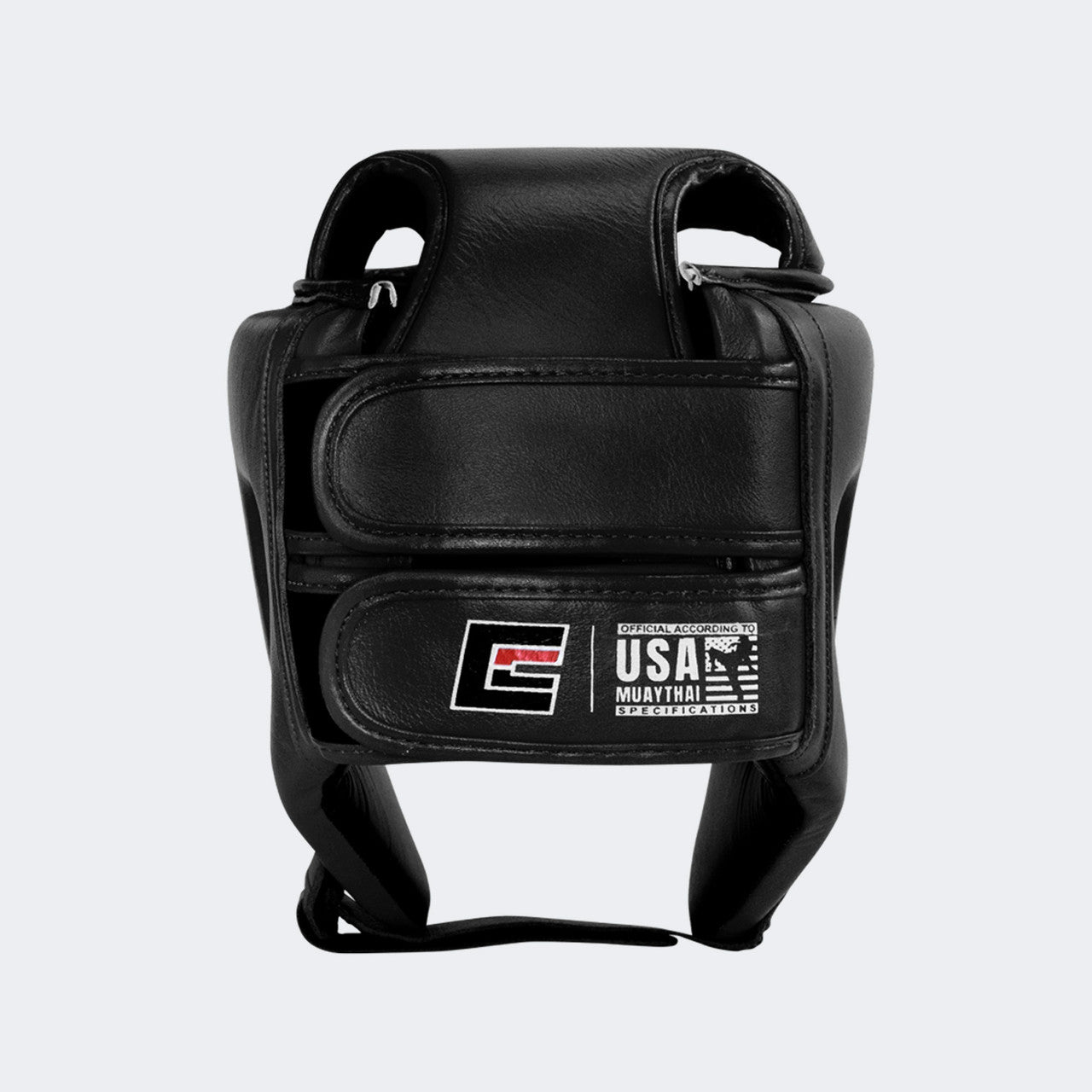A product photo of the Combat Corner's black Competition Headgear. The photo shows the back of Combat Corner's Competition Headgear. This competition headgear works for Muay Thai Headgear, USMF Headgear, IFMA Headgear, USA Muay Thai Headgear, Boxing Headgear, and Kickboxing headgear.