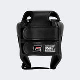 A product photo of the Combat Corner's black Competition Headgear. The photo shows the back of Combat Corner's Competition Headgear. This competition headgear works for Muay Thai Headgear, USMF Headgear, IFMA Headgear, USA Muay Thai Headgear, Boxing Headgear, and Kickboxing headgear.