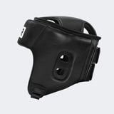 A product photo of the Combat Corner's black Competition Headgear. The photo shows the back left angle of Combat Corner's Competition Headgear. This competition headgear works for Muay Thai Headgear, USMF Headgear, IFMA Headgear, USA Muay Thai Headgear, Boxing Headgear, and Kickboxing headgear.