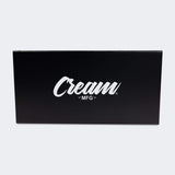 Photo of the back closed side of the premium packaging of Combat Corner's white Cream TM1 Competition Boxing Gloves, which are Japanese inspired Mexican Boxing Gloves that are hand made in Thailand.