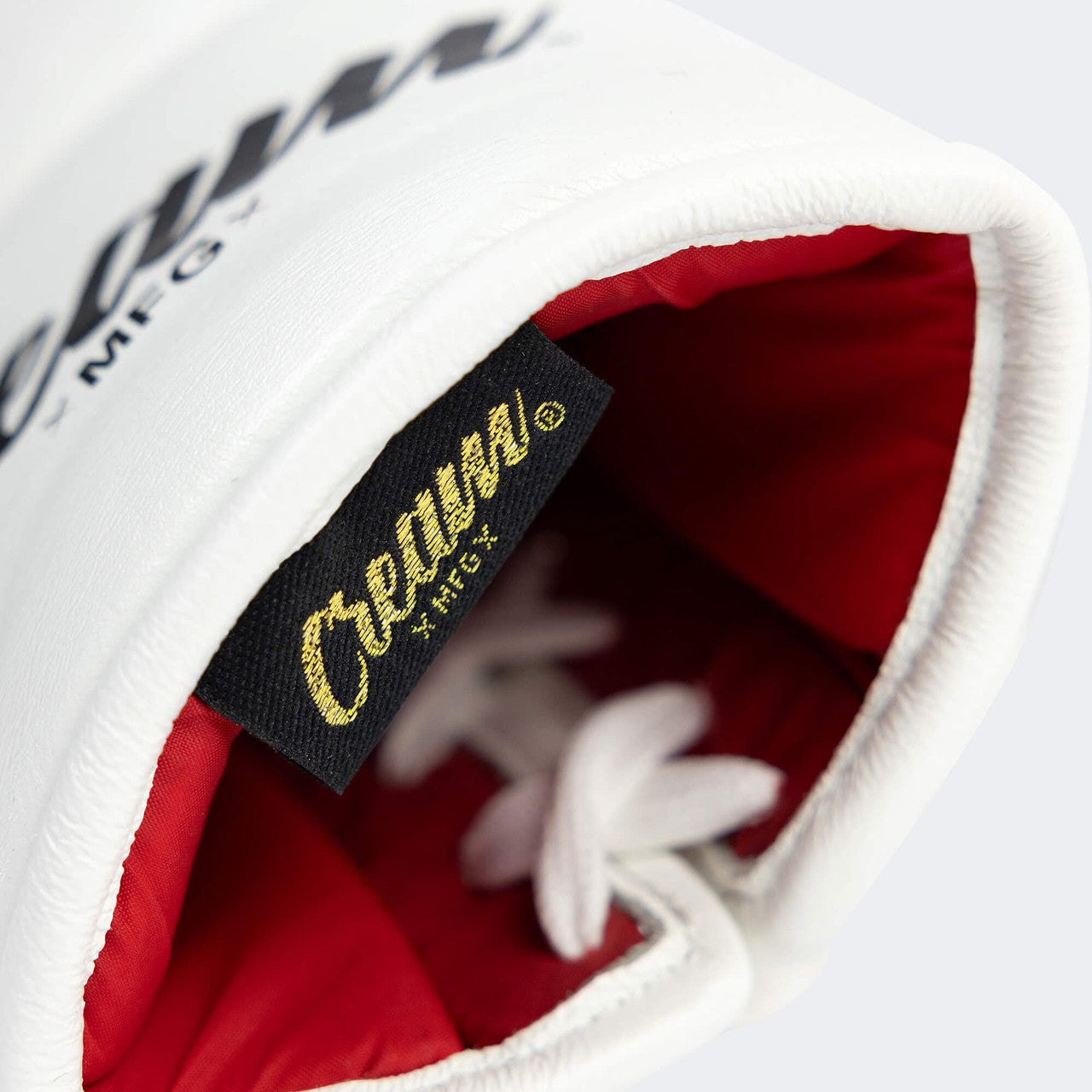 Close up detail photo of the inner scarlet lining of Combat Corner's white Cream TM1 Competition Boxing Gloves, which are Japanese inspired Mexican Boxing Gloves that are hand made in Thailand.