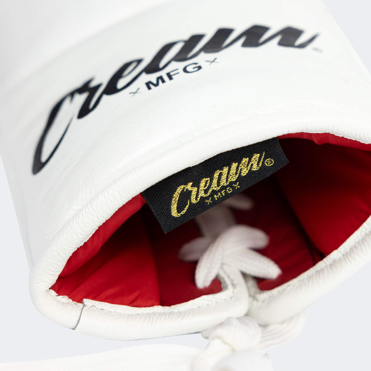 Close up detail photo of the inner scarlet lining of Combat Corner's white Cream TM1 Competition Boxing Gloves, which are Japanese inspired Mexican Boxing Gloves that are hand made in Thailand.