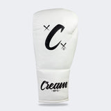 Photo of the top side of Combat Corner's white Cream TM1 Competition Boxing Gloves, which are Japanese inspired Mexican Boxing Gloves that are hand made in Thailand.