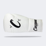 Photo of the horizontal side of Combat Corner's white Cream TM1 Competition Boxing Gloves, which are Japanese inspired Mexican Boxing Gloves that are hand made in Thailand.