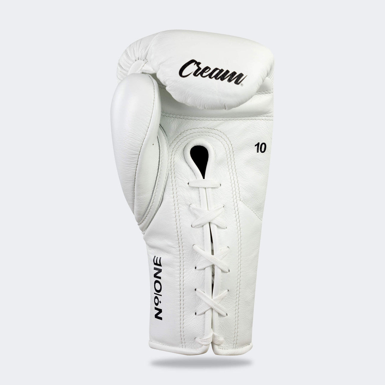 Photo of the bottom palm side of Combat Corner's white Cream TM1 Competition Boxing Gloves, which are Japanese inspired Mexican Boxing Gloves that are hand made in Thailand.