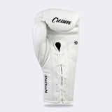 Photo of the bottom palm side of Combat Corner's white Cream TM1 Competition Boxing Gloves, which are Japanese inspired Mexican Boxing Gloves that are hand made in Thailand.
