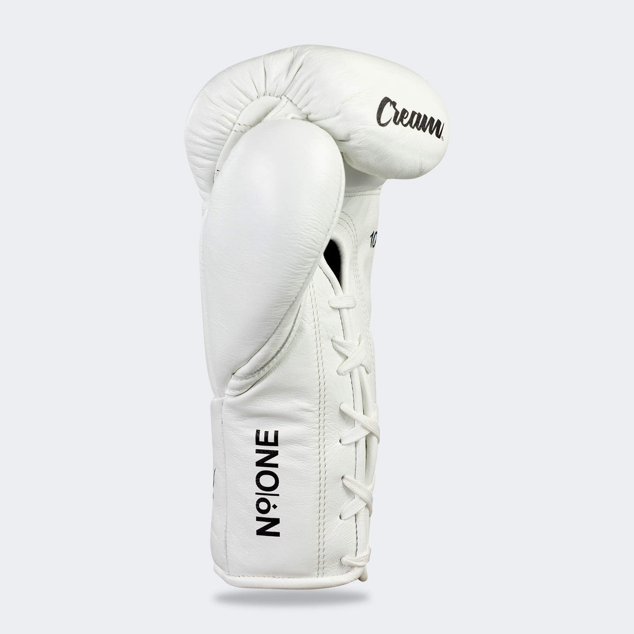 Photo of the palm right side of Combat Corner's white Cream TM1 Competition Boxing Gloves, which are Japanese inspired Mexican Boxing Gloves that are hand made in Thailand.
