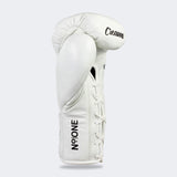 Photo of the palm right side of Combat Corner's white Cream TM1 Competition Boxing Gloves, which are Japanese inspired Mexican Boxing Gloves that are hand made in Thailand.