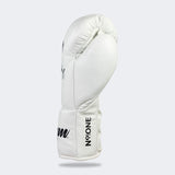Photo of the left side of Combat Corner's white Cream TM1 Competition Boxing Gloves, which are Japanese inspired Mexican Boxing Gloves that are hand made in Thailand.