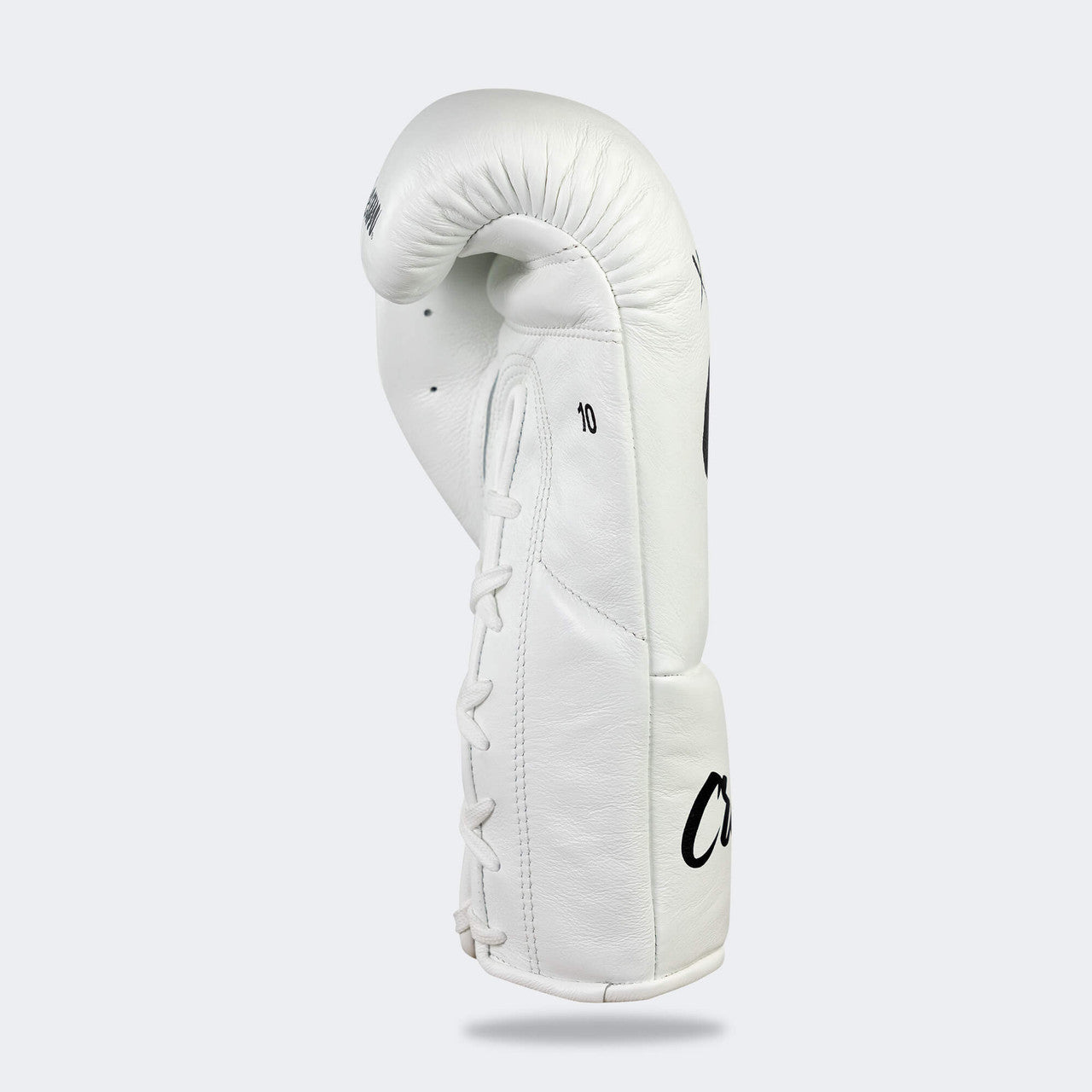Photo of the right side of Combat Corner's white Cream TM1 Competition Boxing Gloves, which are Japanese inspired Mexican Boxing Gloves that are hand made in Thailand.