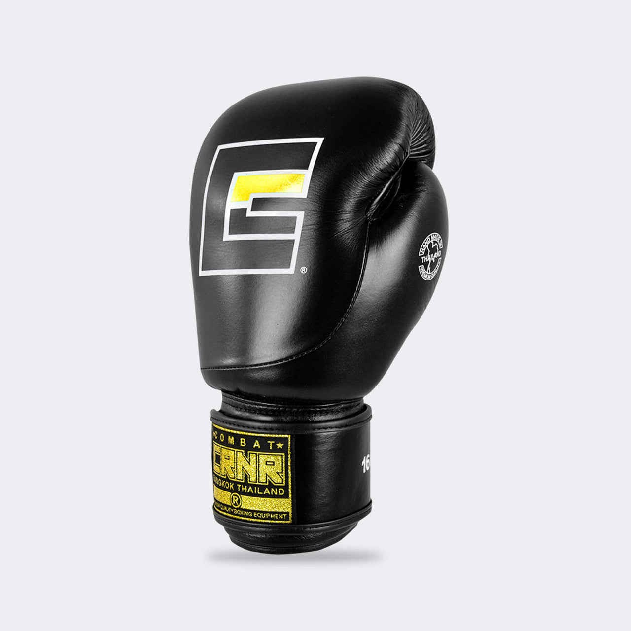 A product photo of Combat Corner's black HMIT Boxing Gloves. The photo shows the front of a single CRNR HMIT black Boxing Glove. These black HMIT Boxing Gloves come in 12 once gloves, 14 once gloves, and 16 once gloves. These black Combat Corner HMIT Boxing Gloves work for multiple striking combat sports. These gloves can be used as Muay Thai Gloves, Boxing Gloves, Thai Boxing Gloves, Sparring Gloves, and more.