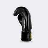 A product photo of Combat Corner's black HMIT Boxing Gloves. The photo shows the rigth side of CRNR HMIT black Boxing Gloves. These black HMIT Boxing Gloves come in 12 once gloves, 14 once gloves, and 16 once gloves. These black Combat Corner HMIT Boxing Gloves work for multiple striking combat sports. These gloves can be used as Muay Thai Gloves, Boxing Gloves, Thai Boxing Gloves, Sparring Gloves, and more.