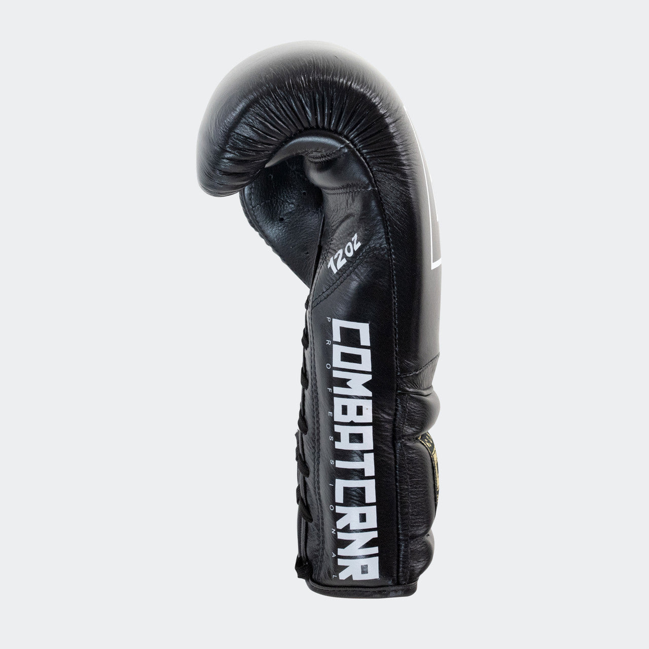 Photo of the right side of Combat Corner's black HMIT Lace Up Sparring Gloves, which are Mexican Boxing Gloves that are hand made in Thailand.