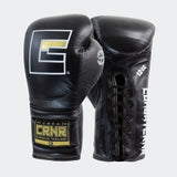 Photo of a pair of Combat Corner's black HMIT Lace Up Sparring Gloves, which are Mexican Boxing Gloves that are hand made in Thailand.