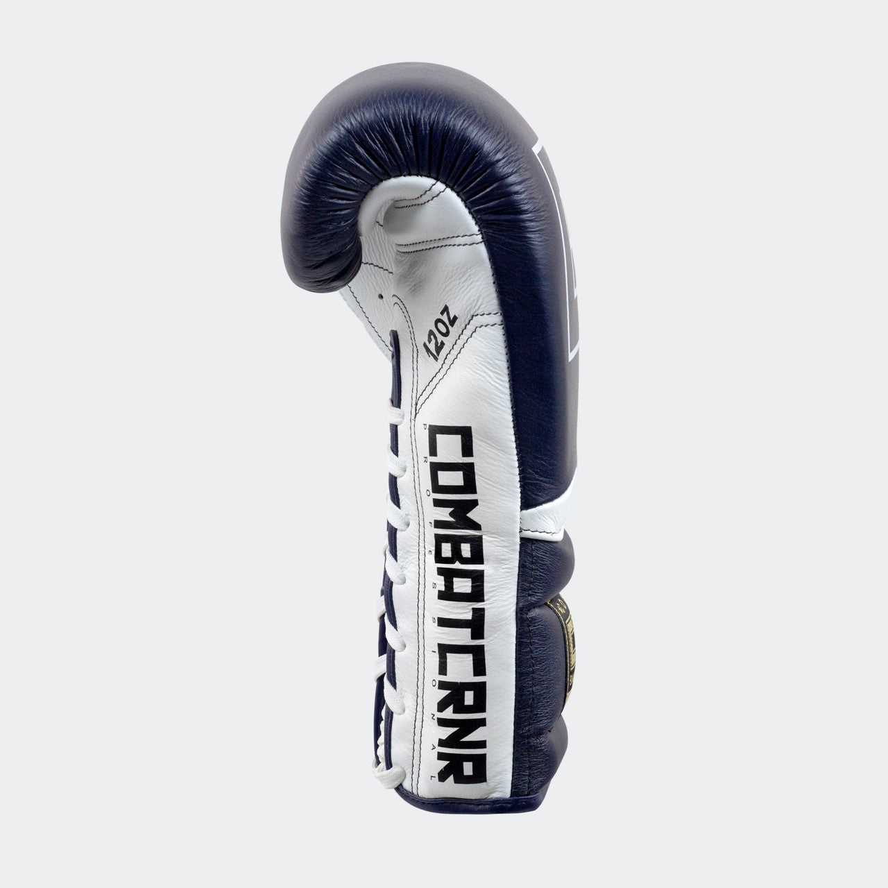 Photo of the right side of Combat Corner's navy HMIT Lace Up Sparring Gloves, which are Mexican Boxing Gloves that are hand made in Thailand.