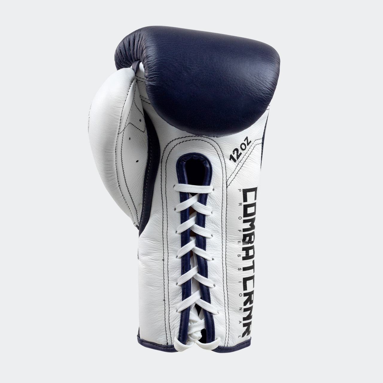 Photo of the bottom palm side of Combat Corner's navy HMIT Lace Up Sparring Gloves, which are Mexican Boxing Gloves that are hand made in Thailand.