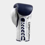 Photo of the bottom palm side of Combat Corner's navy HMIT Lace Up Sparring Gloves, which are Mexican Boxing Gloves that are hand made in Thailand.