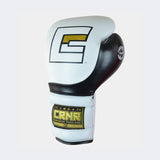 Photo of the top side of Combat Corner's white and black HMIT Lace Up Sparring Gloves, which are Mexican Boxing Gloves that are hand made in Thailand.