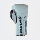 Photo of the bottom palm side of Combat Corner's white and black HMIT Lace Up Sparring Gloves, which are Mexican Boxing Gloves that are hand made in Thailand.