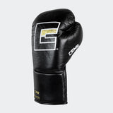 Photo of the front left side of Combat Corner's black Punchers Professional Fight Gloves, which are Mexican Boxing Gloves that are hand made in Thailand.
