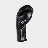 Photo of the left side of Combat Corner's black Punchers Professional Fight Gloves, which are Mexican Boxing Gloves that are hand made in Thailand.