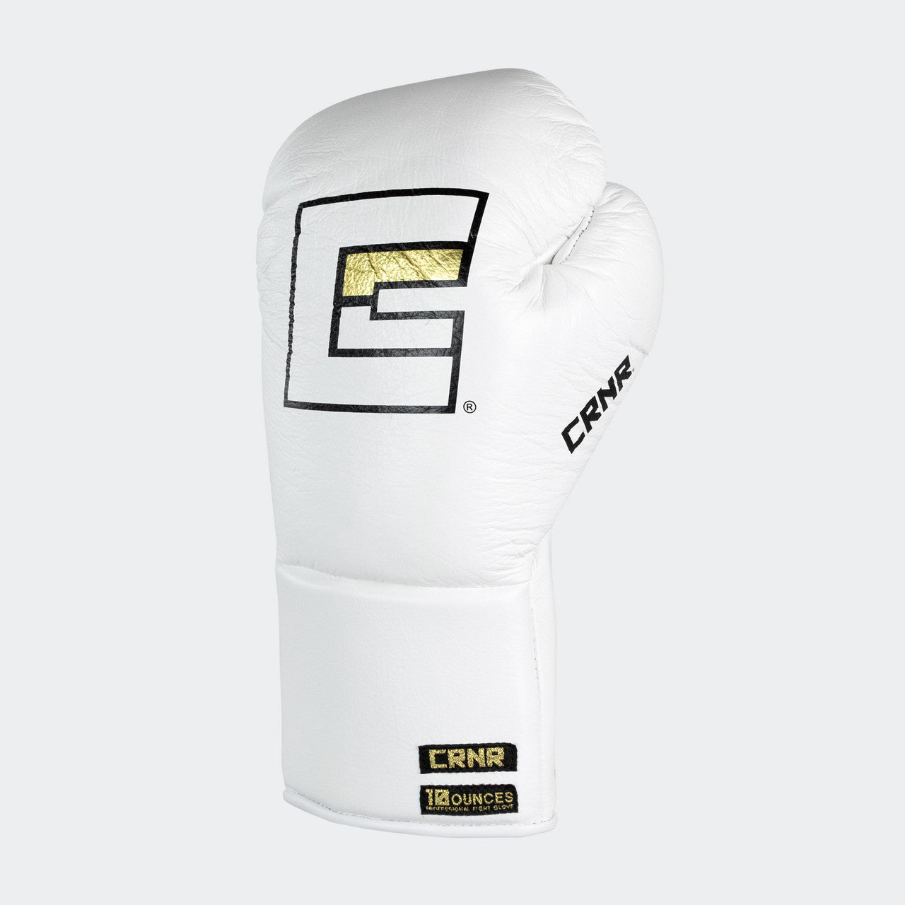 Photo of the front left side of Combat Corner's white Punchers Professional Fight Gloves, which are Mexican Boxing Gloves that are hand made in Thailand.