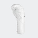 Photo of the right side of Combat Corner's white Punchers Professional Fight Gloves, which are Mexican Boxing Gloves that are hand made in Thailand.