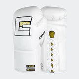 Photo of a pair of Combat Corner's white Punchers Professional Fight Gloves, which are Mexican Boxing Gloves that are hand made in Thailand.