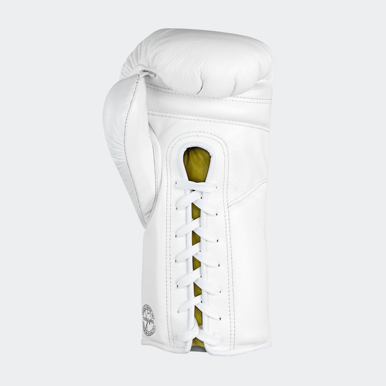 Photo of the bottom palm side of Combat Corner's white Punchers Professional Fight Gloves, which are Mexican Boxing Gloves that are hand made in Thailand.
