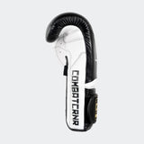 Photo of the right side of Combat Corner's black and white HMIT Velcro Sparring Gloves, which are Mexican Boxing Gloves that are hand made in Thailand.