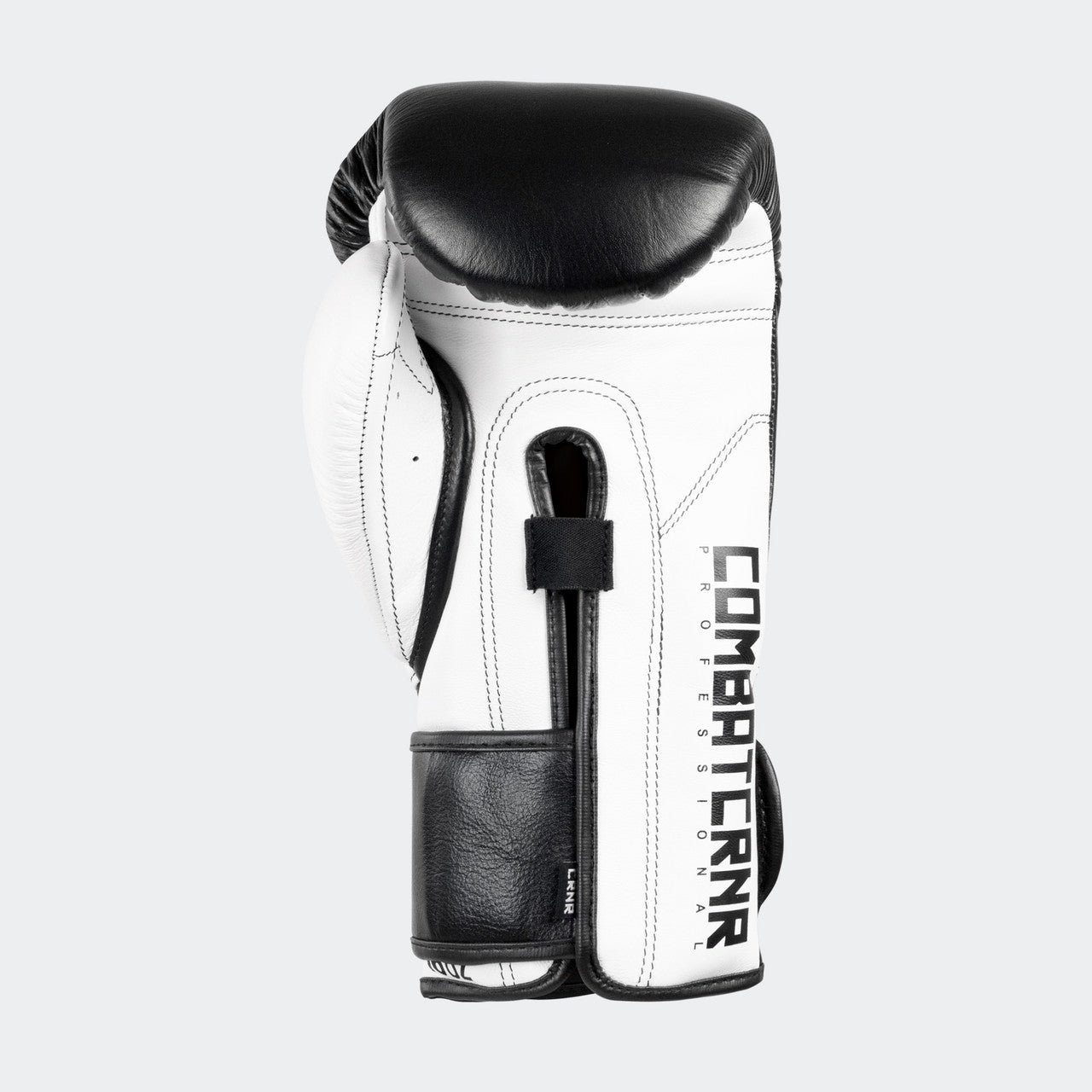 Photo of the bottom palm side of Combat Corner's black and white HMIT Velcro Sparring Gloves, which are Mexican Boxing Gloves that are hand made in Thailand.