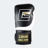 Photo of the top side of Combat Corner's black and white HMIT Velcro Sparring Gloves, which are Mexican Boxing Gloves that are hand made in Thailand.