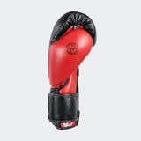 Photo of the left side of Combat Corner's black and red HMIT Velcro Sparring Gloves, which are Mexican Boxing Gloves that are hand made in Thailand.