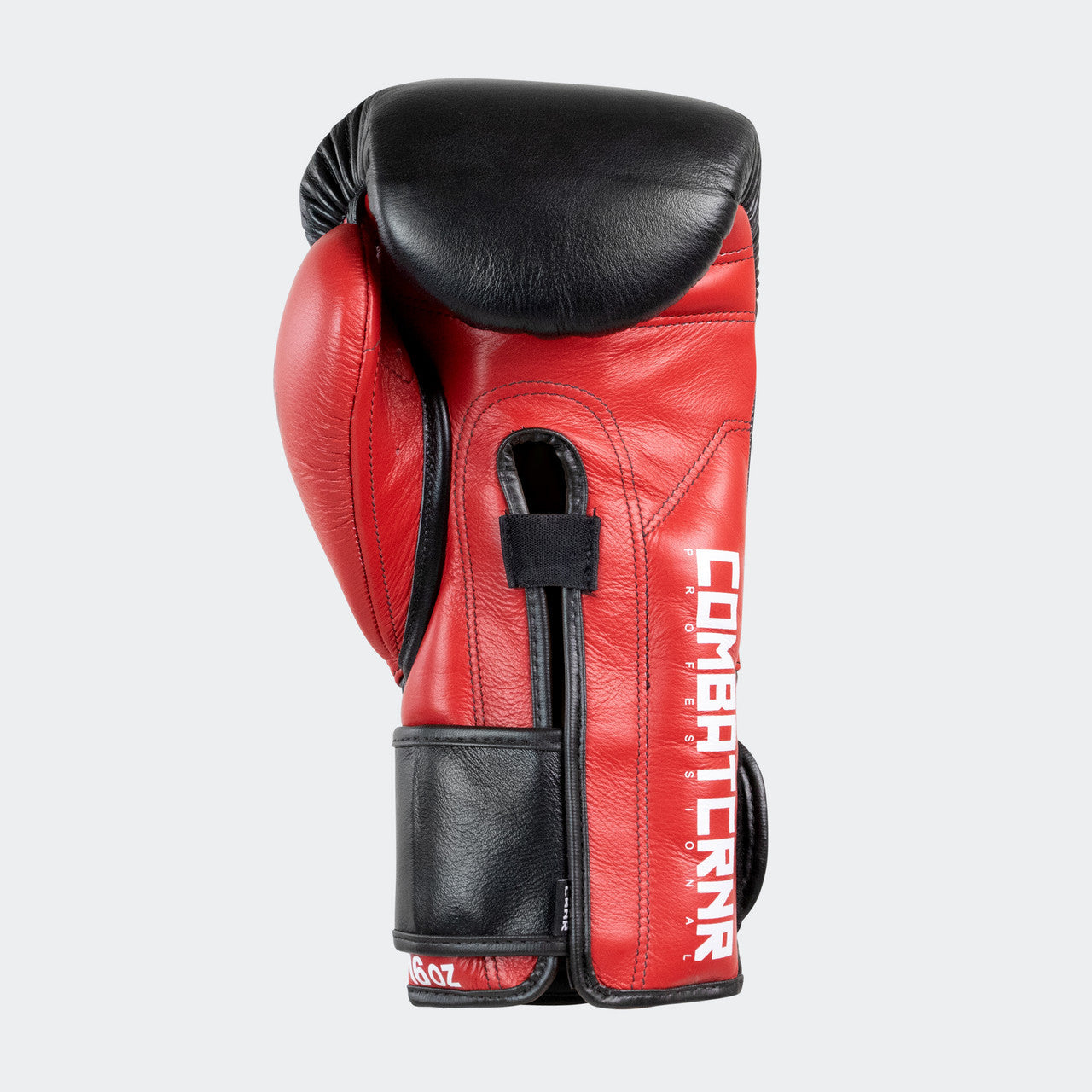 Photo of the bottom palm side of Combat Corner's black and red HMIT Velcro Sparring Gloves, which are Mexican Boxing Gloves that are hand made in Thailand.